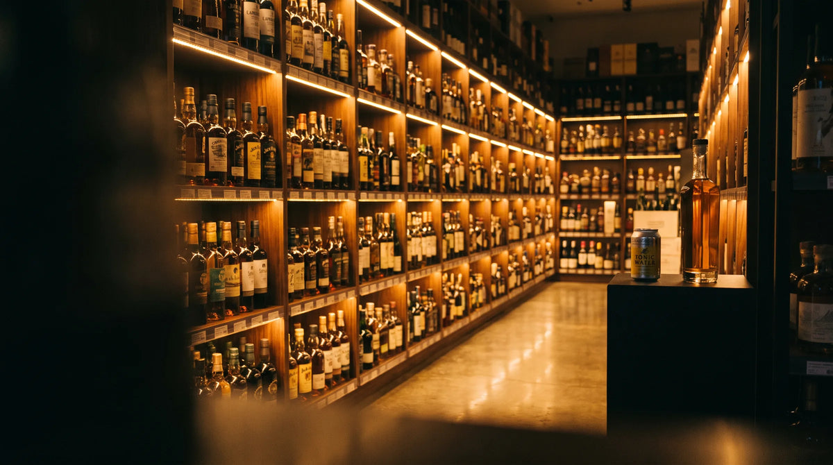 A long aisle of lit shelves lined with bottles in a liquor shop