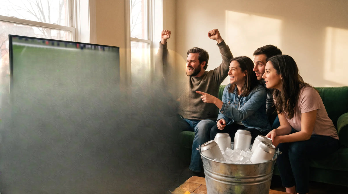 Friends cheering at a football game on TV, with cans in an ice bucket on the coffee table