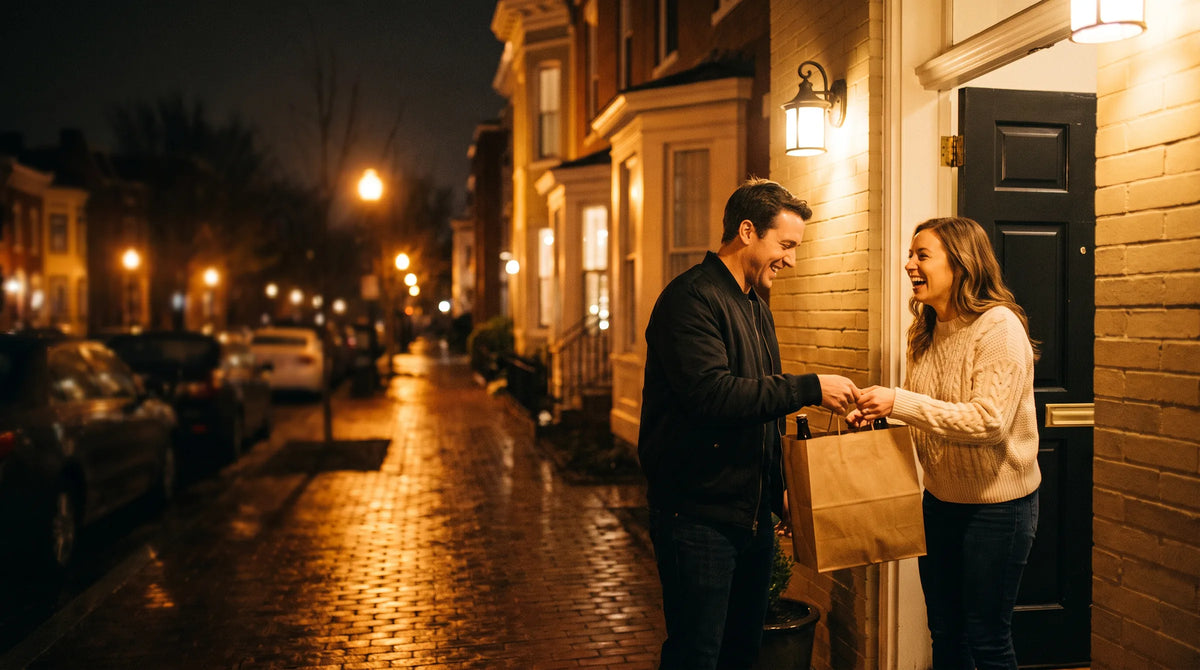 A delivery driver handing a bottle bag to a customer at a Washington DC rowhouse door at night