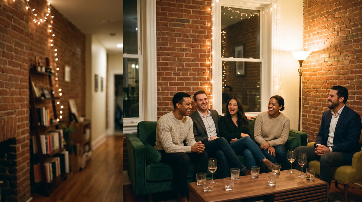 Friends talking on a sofa at a house party in a brick-walled living room