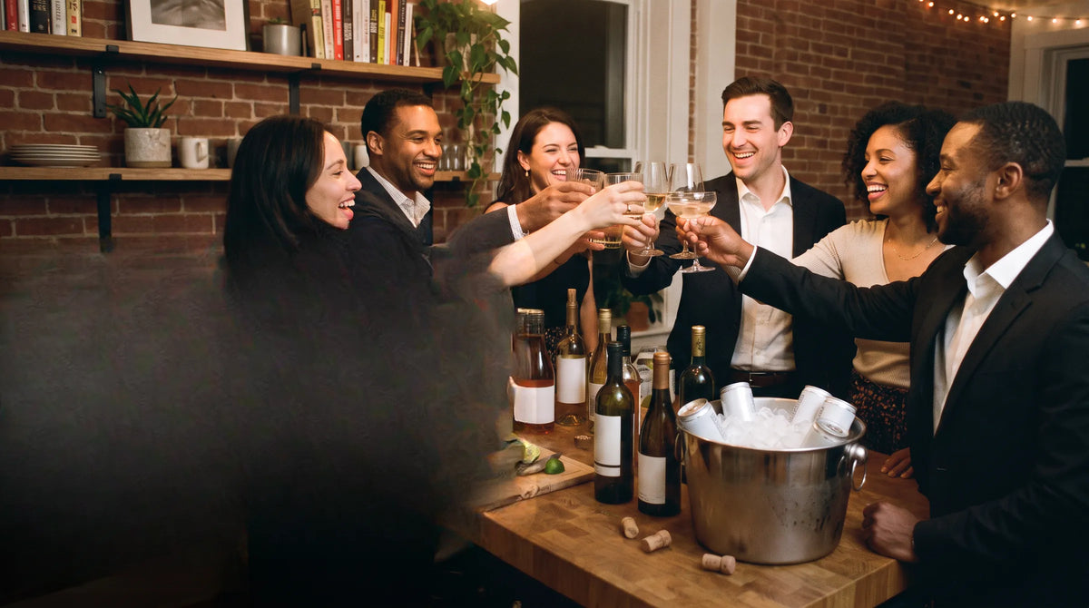 Friends raising glasses at a house party, with bottles and an ice bucket on the table