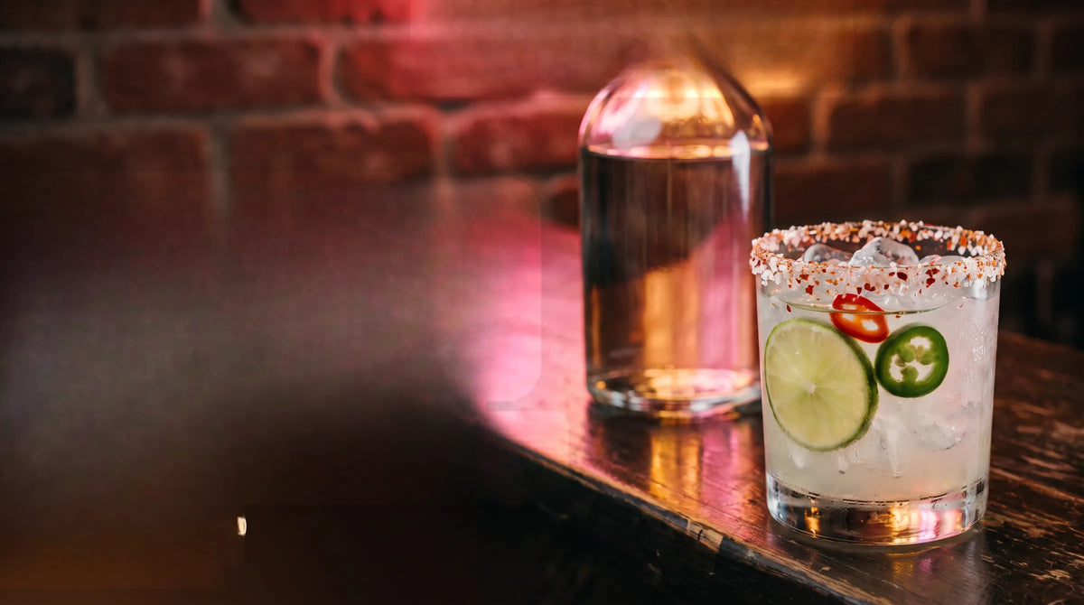 A spicy margarita with a salted rim, lime and jalapeño in front of a tequila bottle on a dark bar