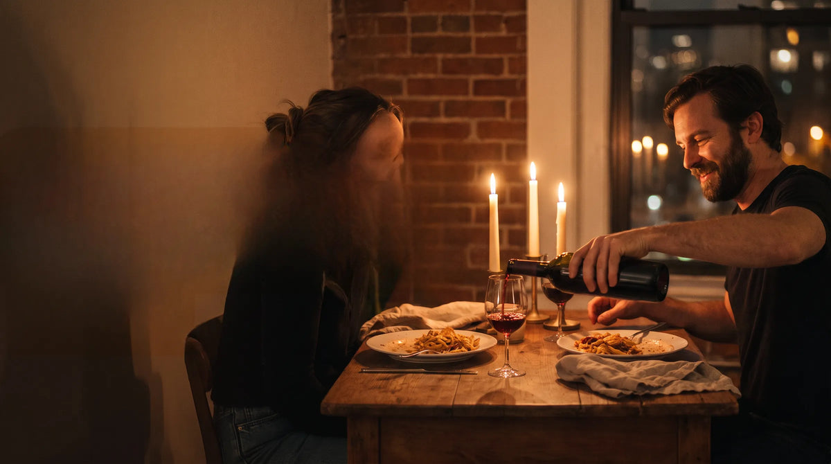 A couple at a candlelit table, one pouring red wine
